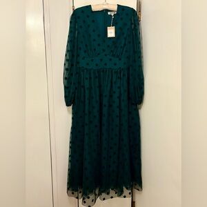 Boden Dark Green With Black Velvet Polka Dots Long Sleeve Dress